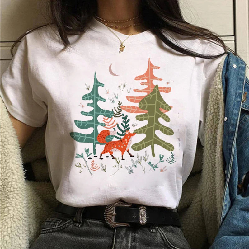 Maycaur Women Graphic Forest Mountain T Shirts Casual 90s Ulzzang Summer Printing Lady Clothes Tops Tees Print Female Tshirts