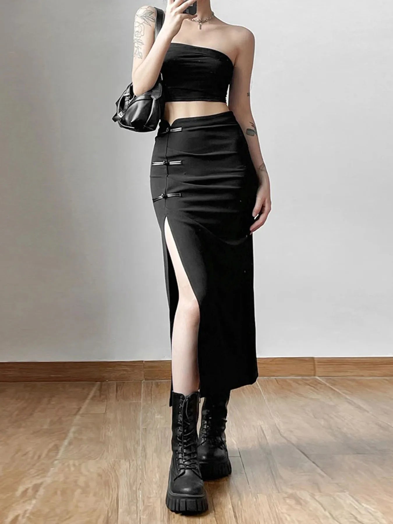 Black Sexy Split Simple Casual All-Match Hot Street Outing Cool Mature Vitality Personality Trend Basic Women'S Skirt