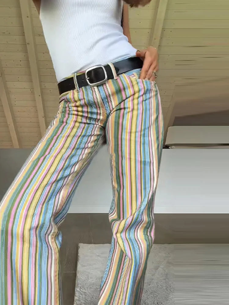 Women's Jeans Low Waist Panelled Striped Wide Leg Trousers Fashion Female Multicolor Hip Package Denim Pants New Lady Partywear