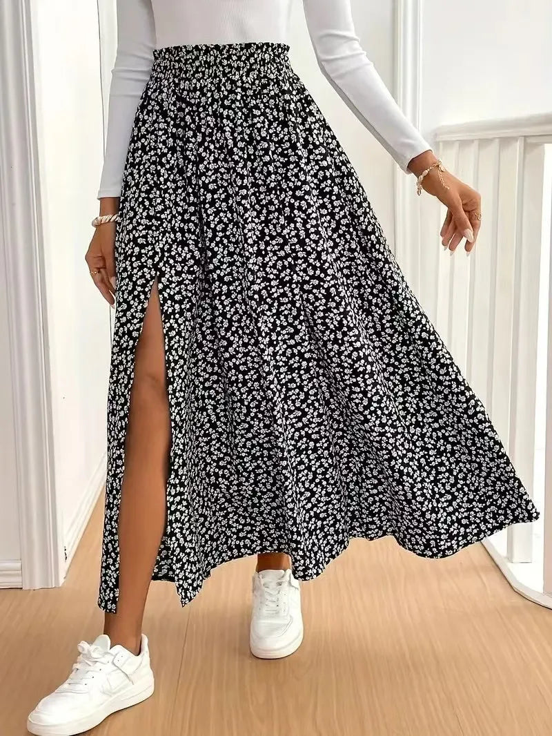 2025 Autumn New Floral Half length Skirt with Split A-line Hip Wrap and Middle Waist Skirt