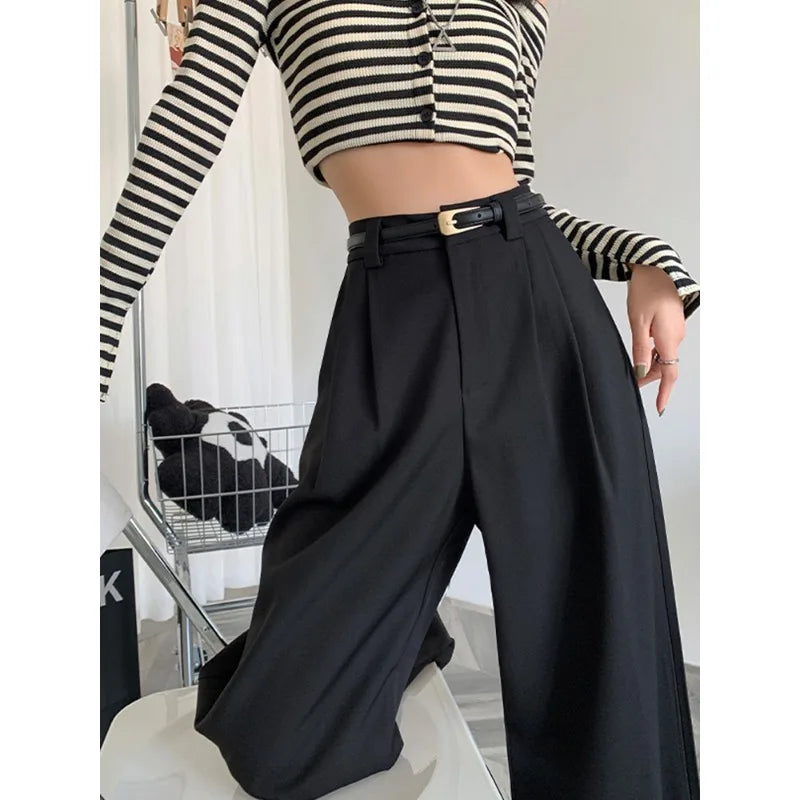 2025 Fall Winter Elegant Gray Suits Pants for Women Office Lady High Waist Wide Leg Fashion Trousers with Pockets Black Pants