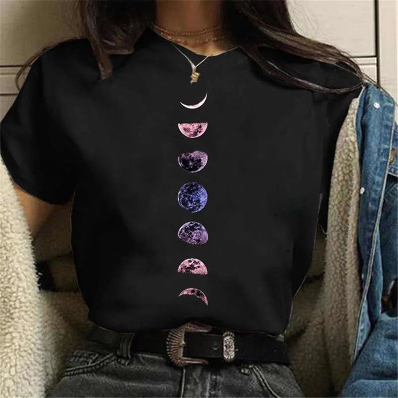 Moon Print T-shirts for Women Harajuku Summer T Shirt New Fashion Black Tops Funny Female T-shirt Casual Tee Woman Clothes