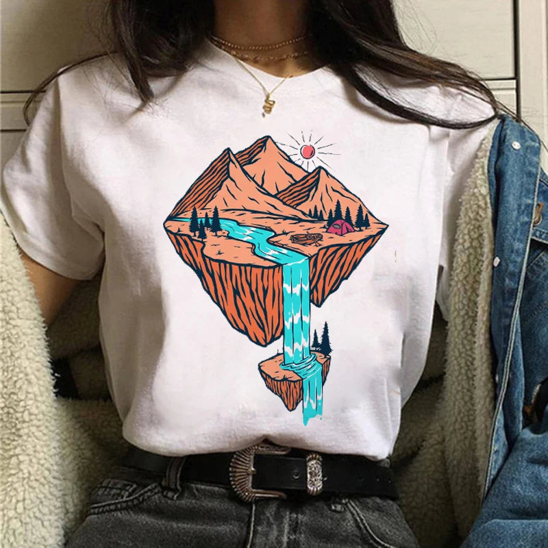 Maycaur Women Graphic Forest Mountain T Shirts Casual 90s Ulzzang Summer Printing Lady Clothes Tops Tees Print Female Tshirts