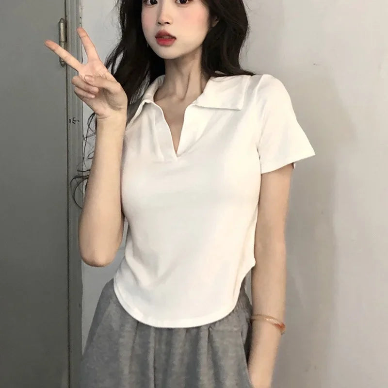 V-neck Shoulder White Short sleeve T-shirt Women Summer Design Sense Niche Irregular Slim fit Slimming Gyaru Pure Desire Top