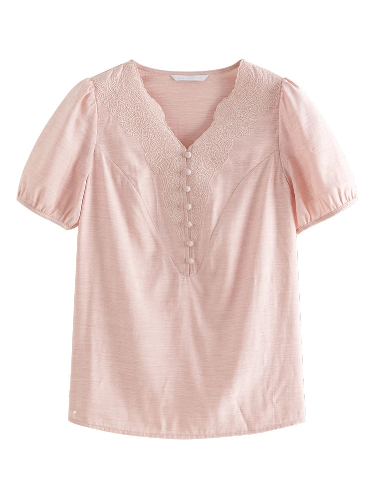 ZIQIAO French  Style V-neck Embroidered Women Shirt Versatile Casual Short Sleeve 2024 Summer Puff Sleeve Elegant Top 24ZQ92169