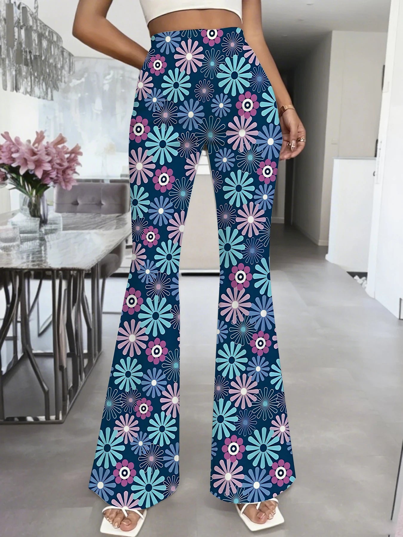 Women's Printed Flare Pants Y2K High Waist Bell Bottom Trousers Streetwear