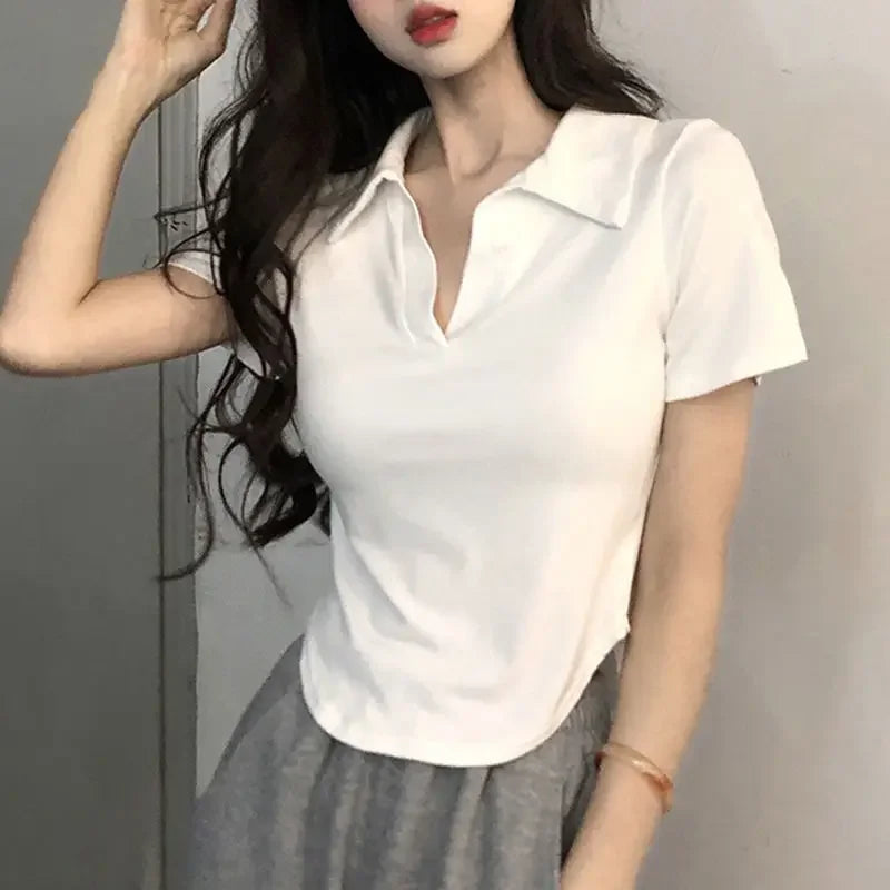 V-neck Shoulder White Short sleeve T-shirt Women Summer Design Sense Niche Irregular Slim fit Slimming Gyaru Pure Desire Top