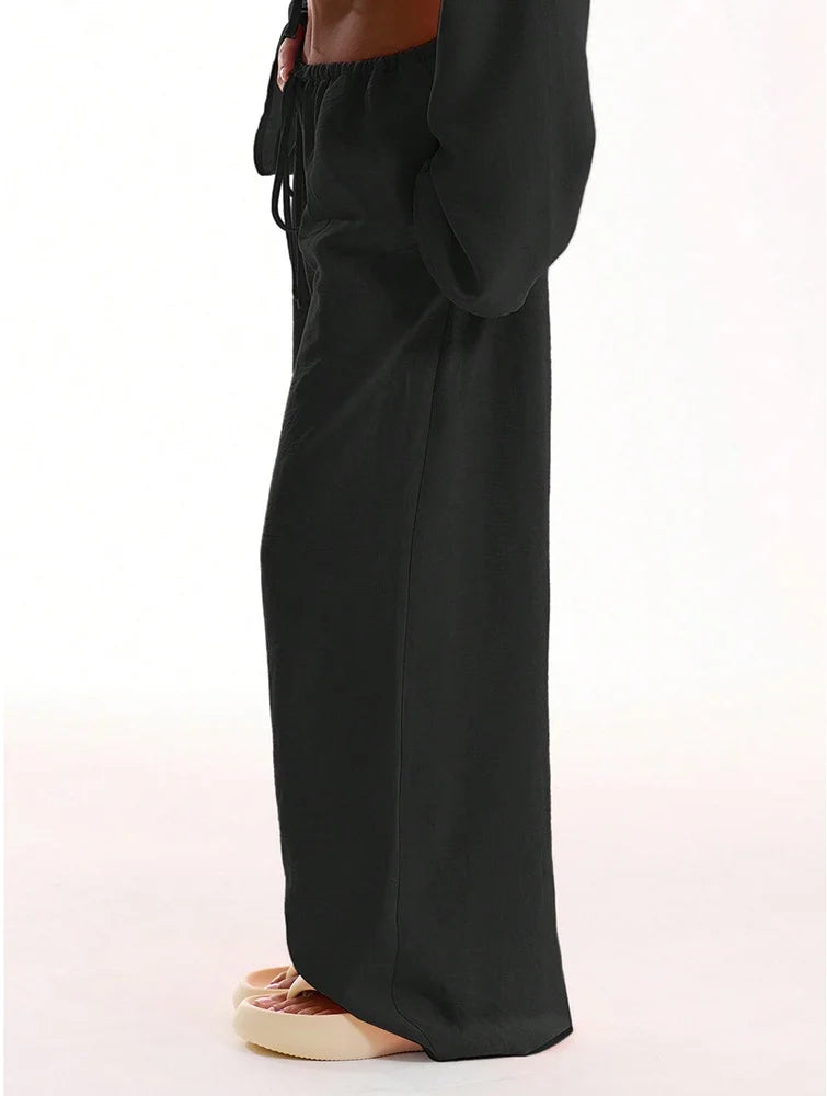 Casual Oversized White Solid Wide Leg Pants Fashion Women Elastic High Waist Pocket Baggy Sweatpant Office Lady Commute Trousers