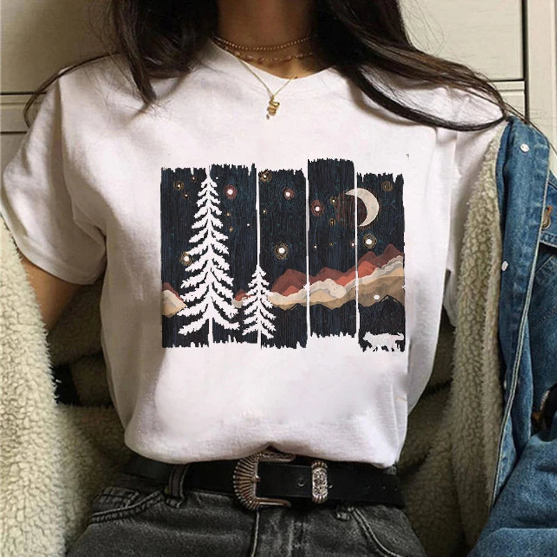 Maycaur Women Graphic Forest Mountain T Shirts Casual 90s Ulzzang Summer Printing Lady Clothes Tops Tees Print Female Tshirts