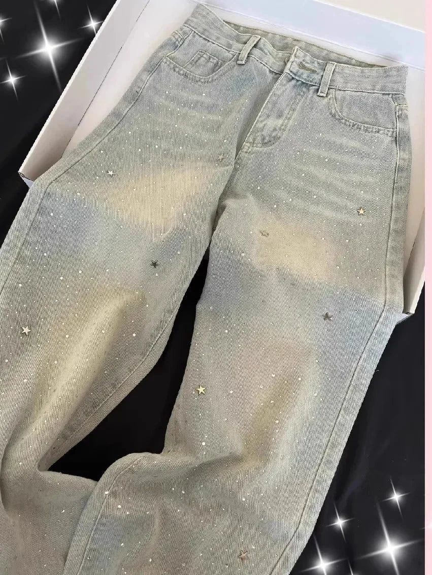 Slimming High Waist Shiny Star Rhinestone Denim Pants Women's Summer New Wide Leg Trendy Jeans High Waist Button Decor