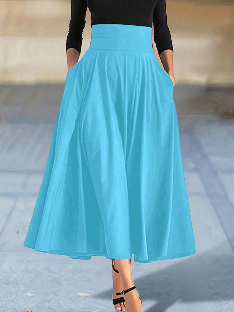 New In Dresses Solid Color A-line Skirts for Woman Clothing High Elastic Waist Long Skirt Women With Bow Elegant Women's Skirts