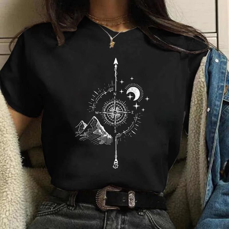 Moon Print T-shirts for Women Harajuku Summer T Shirt New Fashion Black Tops Funny Female T-shirt Casual Tee Woman Clothes