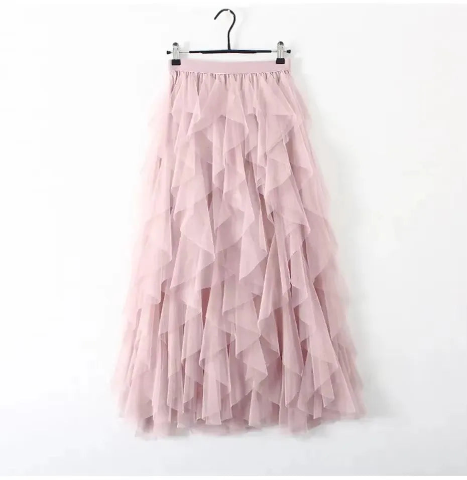 Womens Elastic High Waist Tulle Mesh Irregular Tutu Skirt gauze skirt  spring and summer new pleated A-line skirt in the long hi