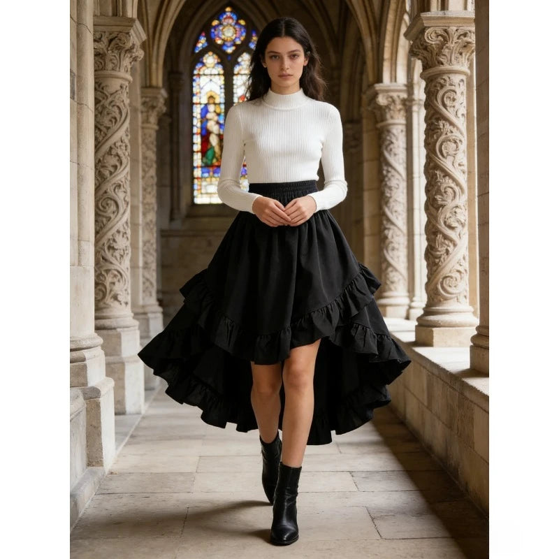 1pcs Women Fashion Versatile Elastic Waist Asymmetrical Ruffle Skirt Black Irregular Hem Flared Half Skirt