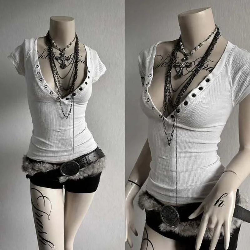 Spicy Girls Y2k Crop Top Button Harajuku Solid Color V-Neck Slim Streetwear Rock Goth Short Sleeve T-shirt Punk Unique Hip Hop