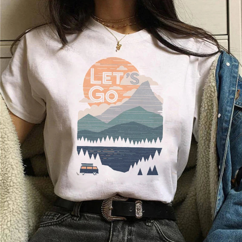 Maycaur Women Graphic Forest Mountain T Shirts Casual 90s Ulzzang Summer Printing Lady Clothes Tops Tees Print Female Tshirts