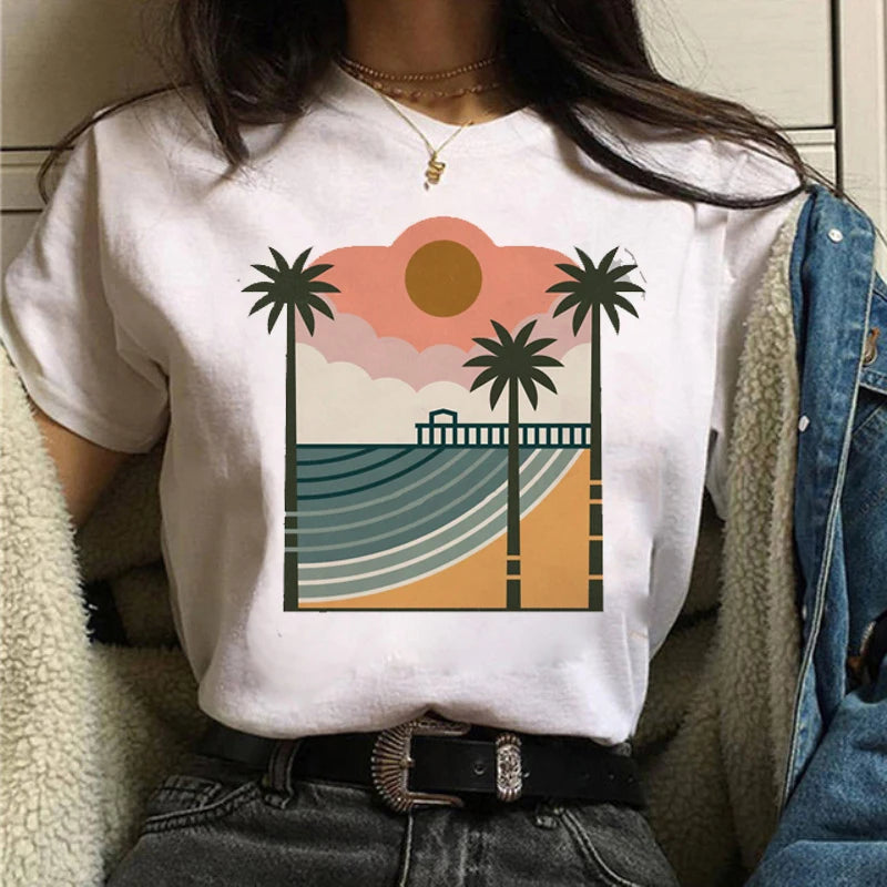 Maycaur Women Graphic Forest Mountain T Shirts Casual 90s Ulzzang Summer Printing Lady Clothes Tops Tees Print Female Tshirts