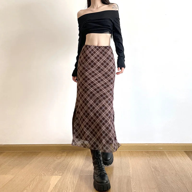 Women Spring Autumn Plaid Print Wrap Hips Skirts Fashion Ankle-Length Sexy Slim Pencil Skirts Preppy Style Girls Slit Midiskirt