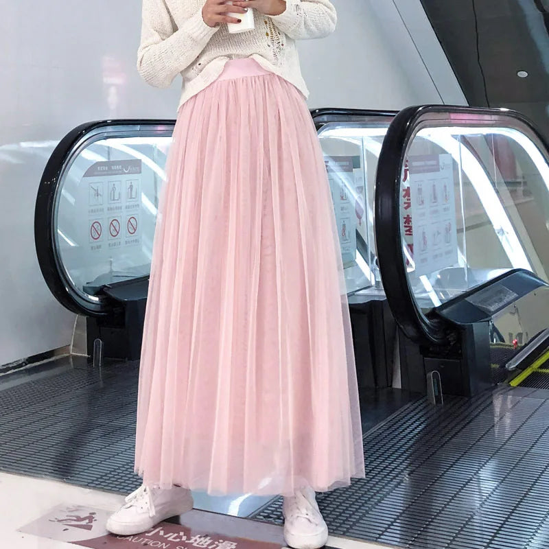 Vintage Tulle Skirt Women Elastic High Waist  3 Layers  A-line Pleated Mesh Skirt Long Bride Tutu Skirts Female Jupe Longue