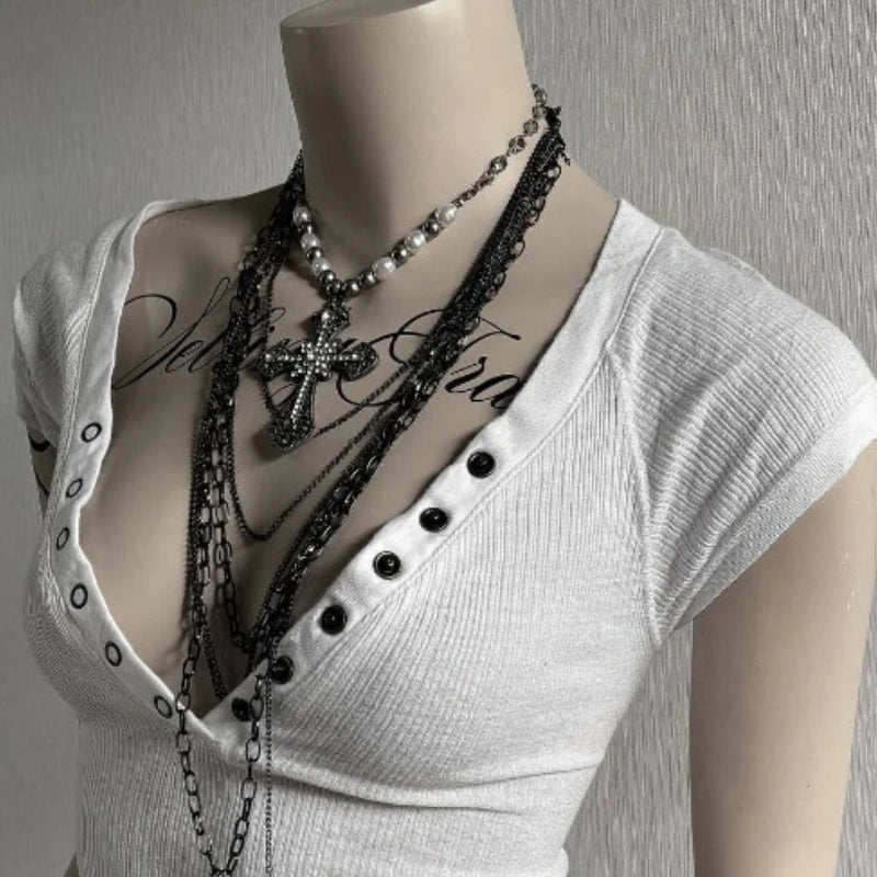 Spicy Girls Y2k Crop Top Button Harajuku Solid Color V-Neck Slim Streetwear Rock Goth Short Sleeve T-shirt Punk Unique Hip Hop