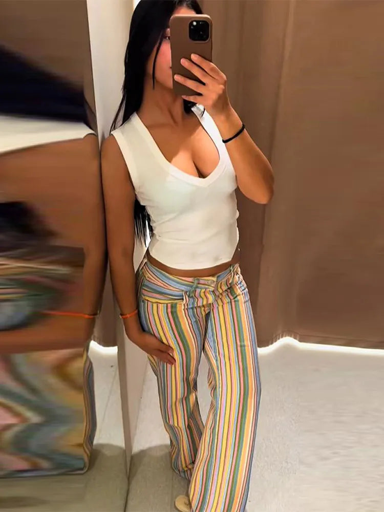 Women's Jeans Low Waist Panelled Striped Wide Leg Trousers Fashion Female Multicolor Hip Package Denim Pants New Lady Partywear