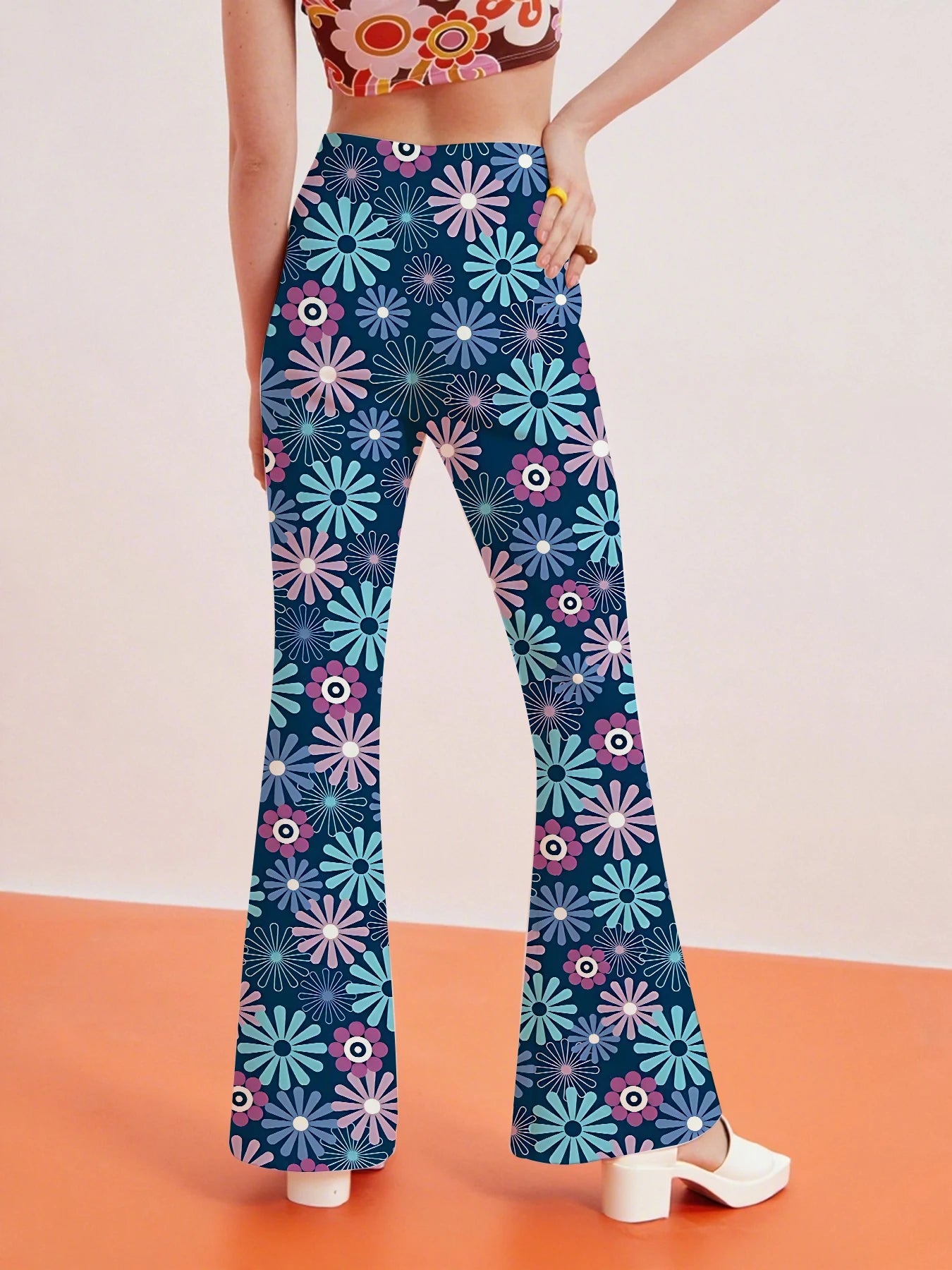 Women's Printed Flare Pants Y2K High Waist Bell Bottom Trousers Streetwear