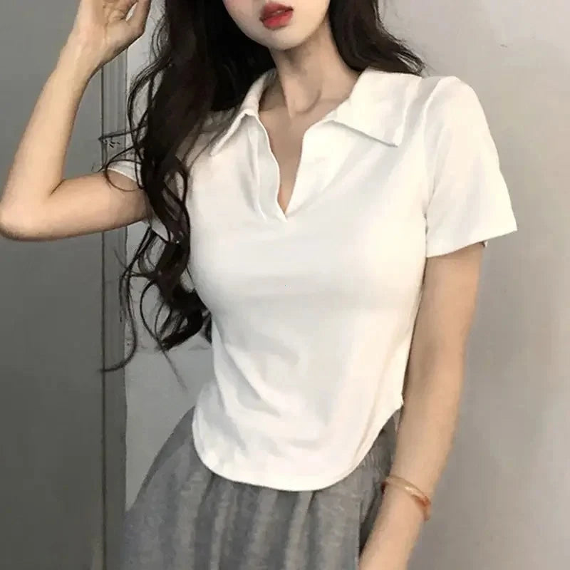 V-neck Shoulder White Short sleeve T-shirt Women Summer Design Sense Niche Irregular Slim fit Slimming Gyaru Pure Desire Top