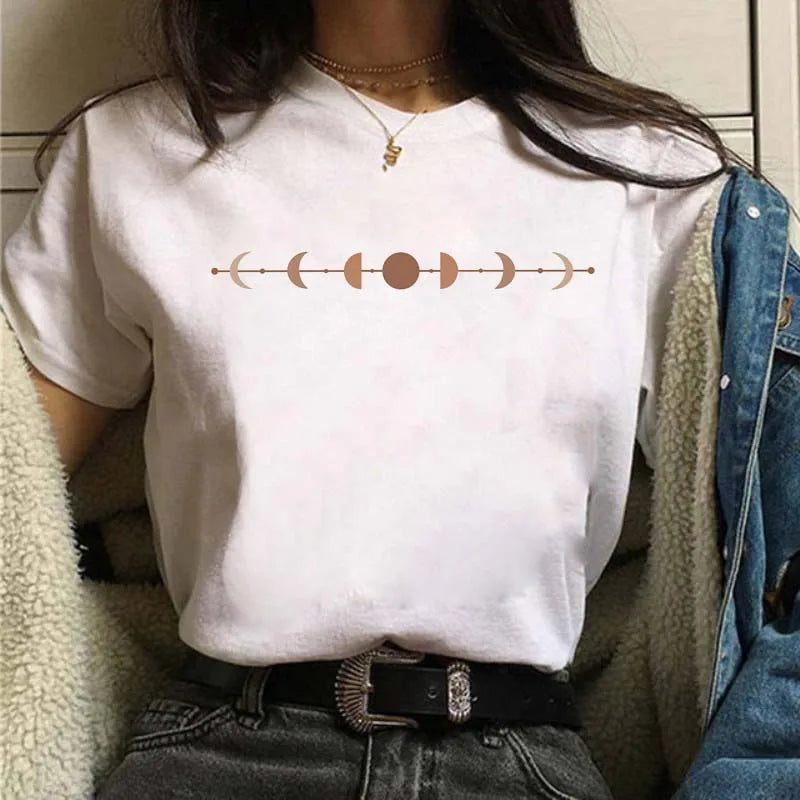 Moon Print T-shirts for Women Harajuku Summer T Shirt New Fashion Black Tops Funny Female T-shirt Casual Tee Woman Clothes