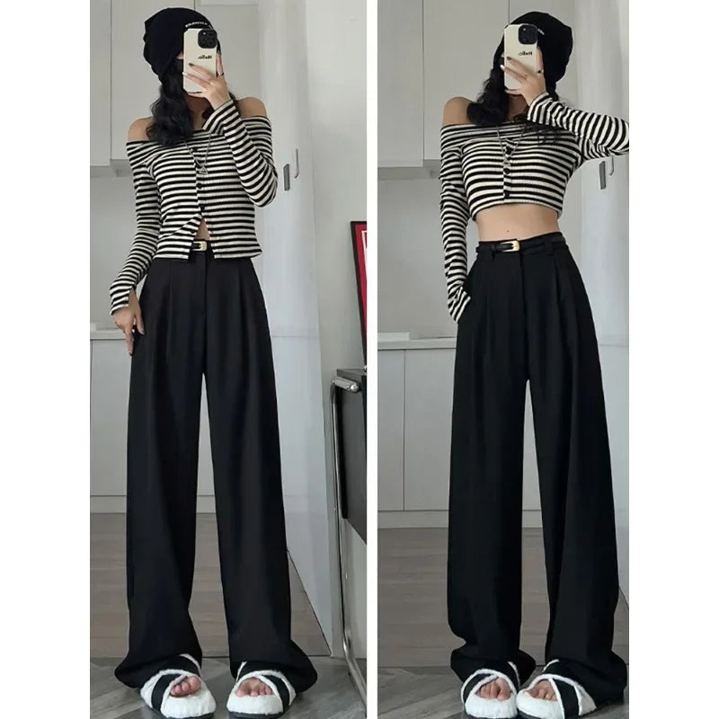 2025 Fall Winter Elegant Gray Suits Pants for Women Office Lady High Waist Wide Leg Fashion Trousers with Pockets Black Pants