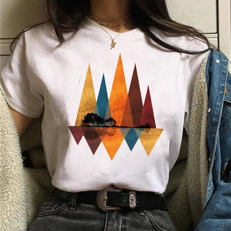 Maycaur Women Graphic Forest Mountain T Shirts Casual 90s Ulzzang Summer Printing Lady Clothes Tops Tees Print Female Tshirts