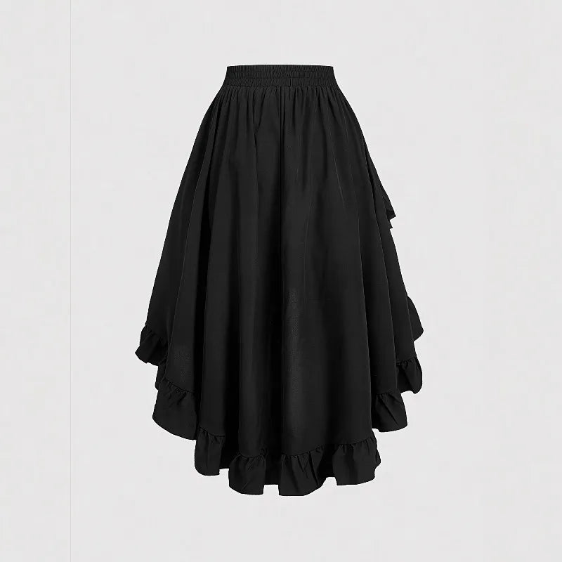 1pcs Women Fashion Versatile Elastic Waist Asymmetrical Ruffle Skirt Black Irregular Hem Flared Half Skirt