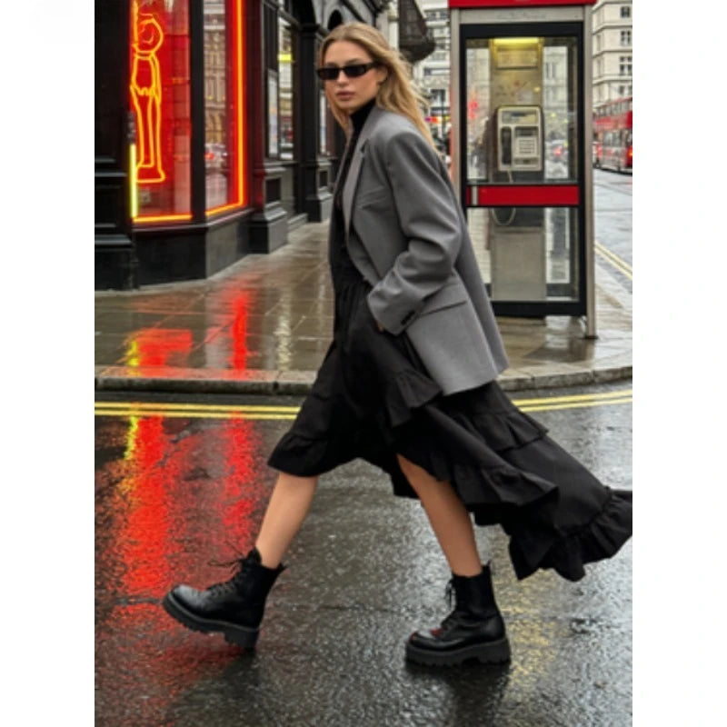 1pcs Women Fashion Versatile Elastic Waist Asymmetrical Ruffle Skirt Black Irregular Hem Flared Half Skirt