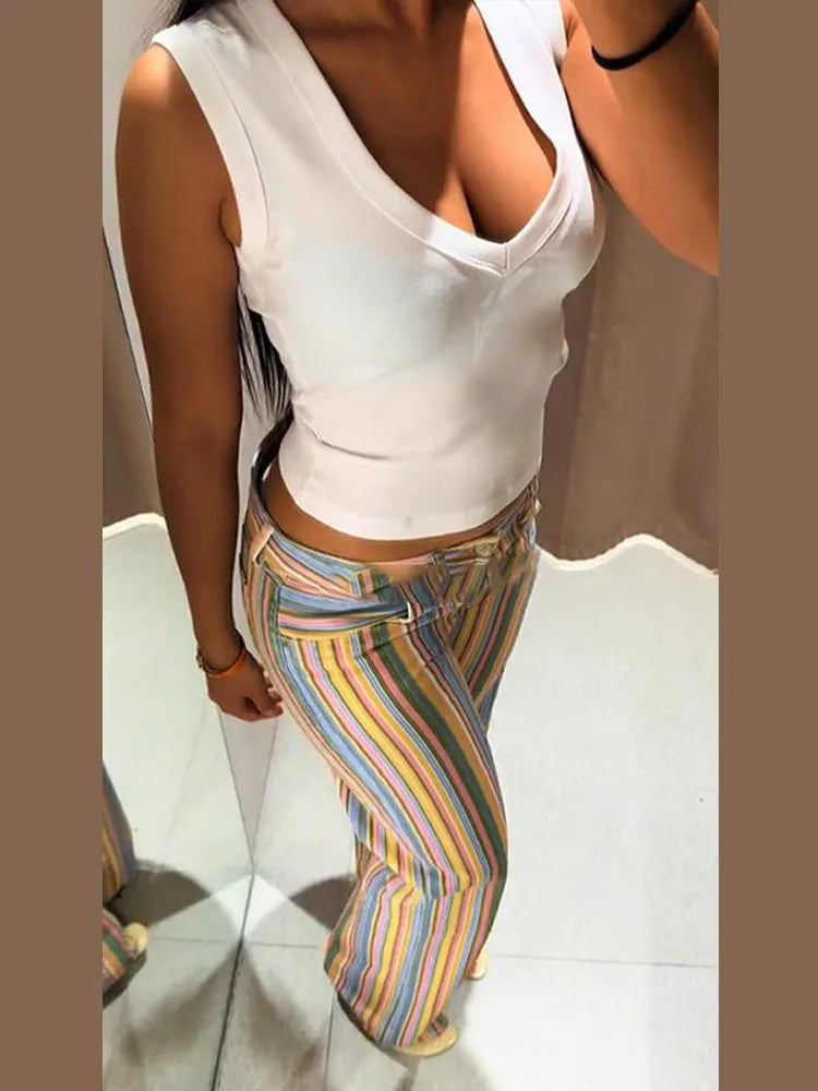 Women's Jeans Low Waist Panelled Striped Wide Leg Trousers Fashion Female Multicolor Hip Package Denim Pants New Lady Partywear
